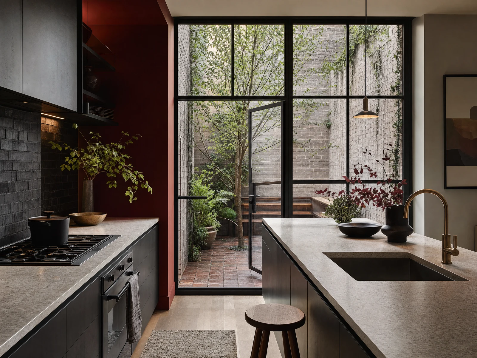 Illustrative concept: Refined urban townhouse kitchen with compact circulation and strong daylight